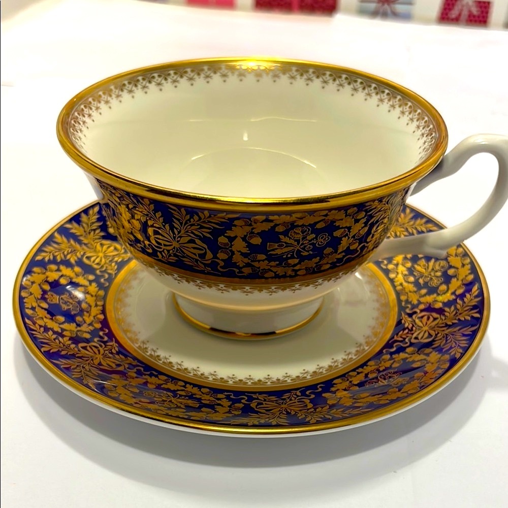 Vintage Pickard Tiara Royal Elegant Gold and Blue Teacup and Saucer Set